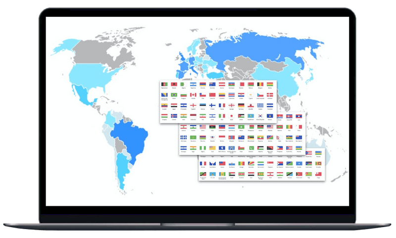 Banderas y mapa de todo el mundo que se muestran en la pantalla de la computadora portátil
